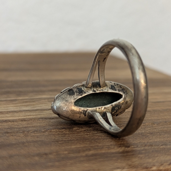 Vintage Sterling Silver Green Stone Ring Marquise Size 8.25 9g Patina - Picture 4 of 6